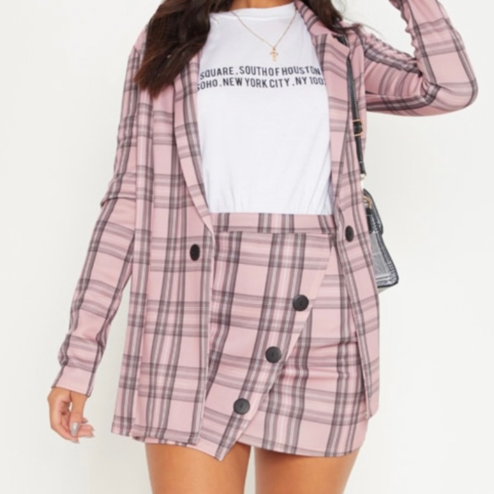 Pink checker blazer skirt set